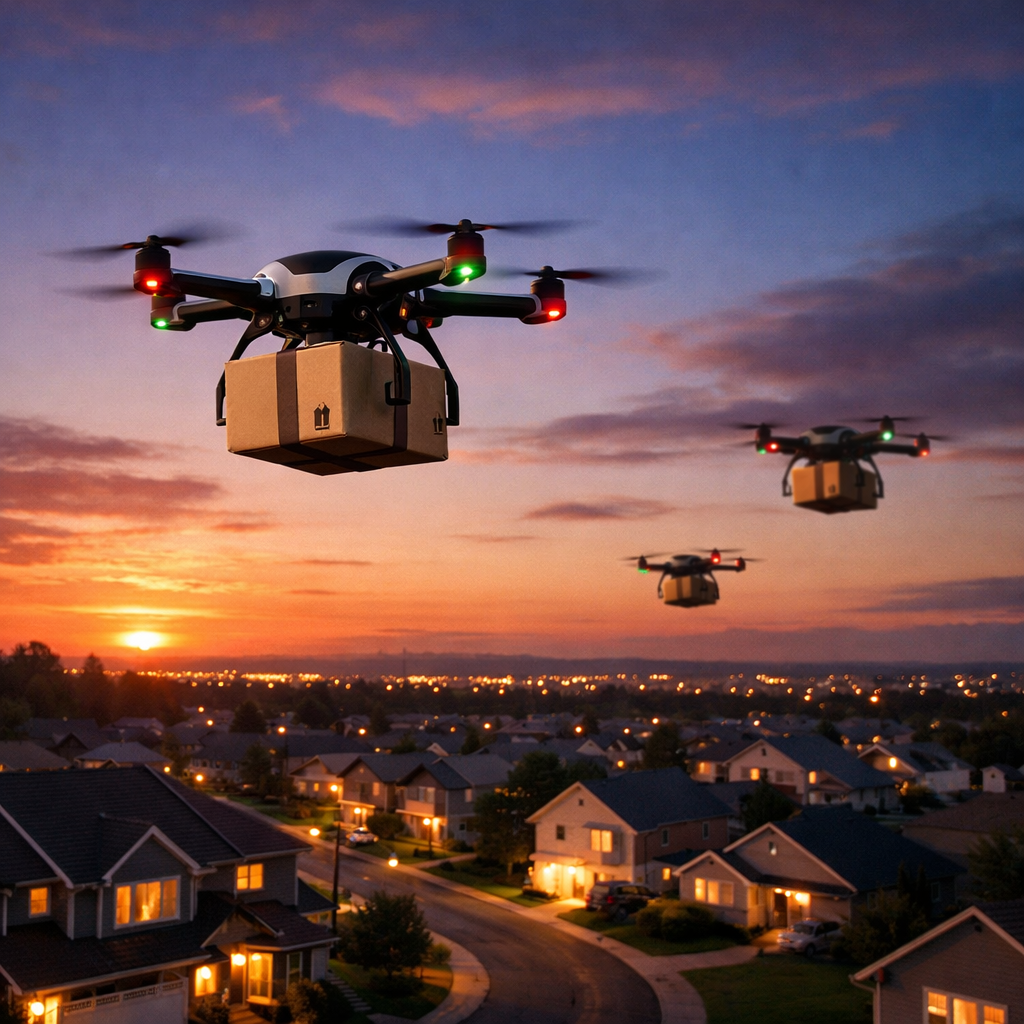 Multiple drones carrying packages flying over houses during sunset